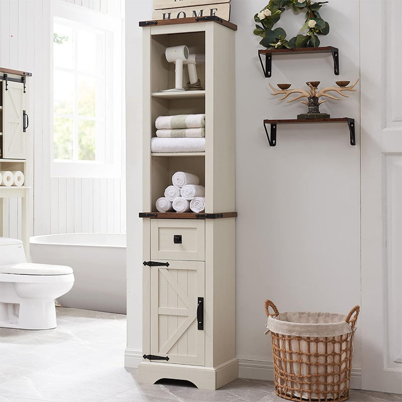 Rustic Oak with Antique White Bathroom Storage Cabinet Farmhouse Storage Cabinet with Adjustable Shelves And Storage Drawer