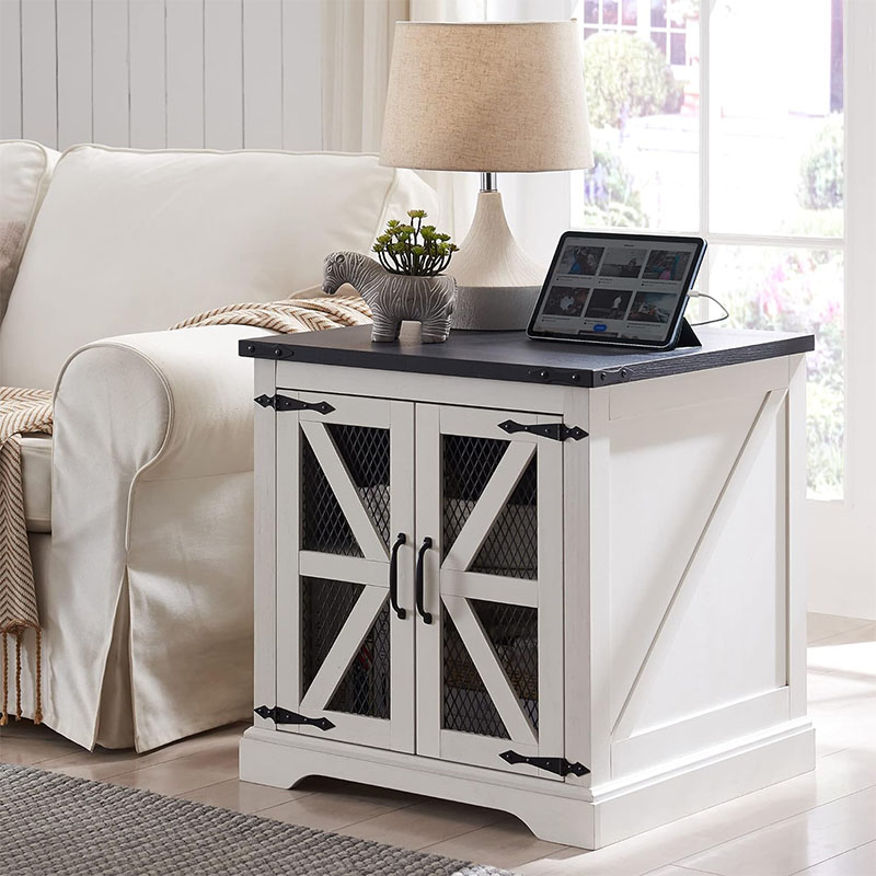 Farmhouse End Table Large Sofa Side Table with Charging Station Mesh Barn Door Adjustable Storage Rack