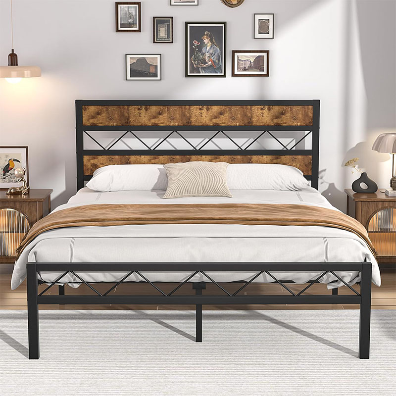 Queen Metal Platform Bed Frame with Rustic Vintage Wooden Headboard, Heavy Duty Metal Slats Support