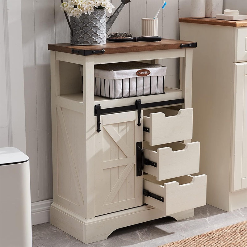 Rustic Oak with Antique White Bathroom Floor Cabinet Farmhouse Storage Cabinet with Sliding Barn Door and Storage Drawers