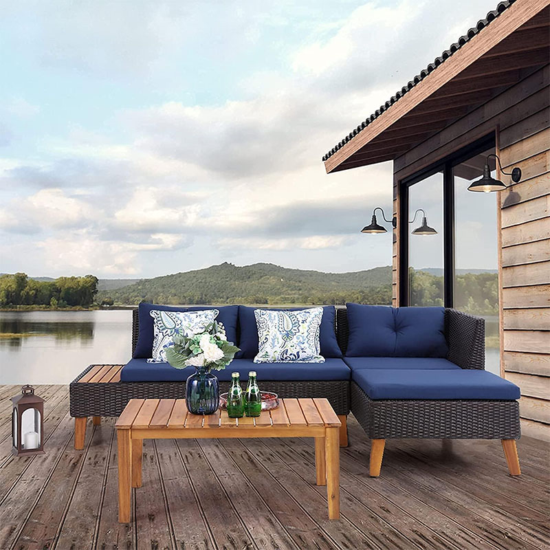 Navy Blue 3 Piece Outdoor Couch Rattan Sectional Sofa Set with Acacia Wood Coffee Table Patio