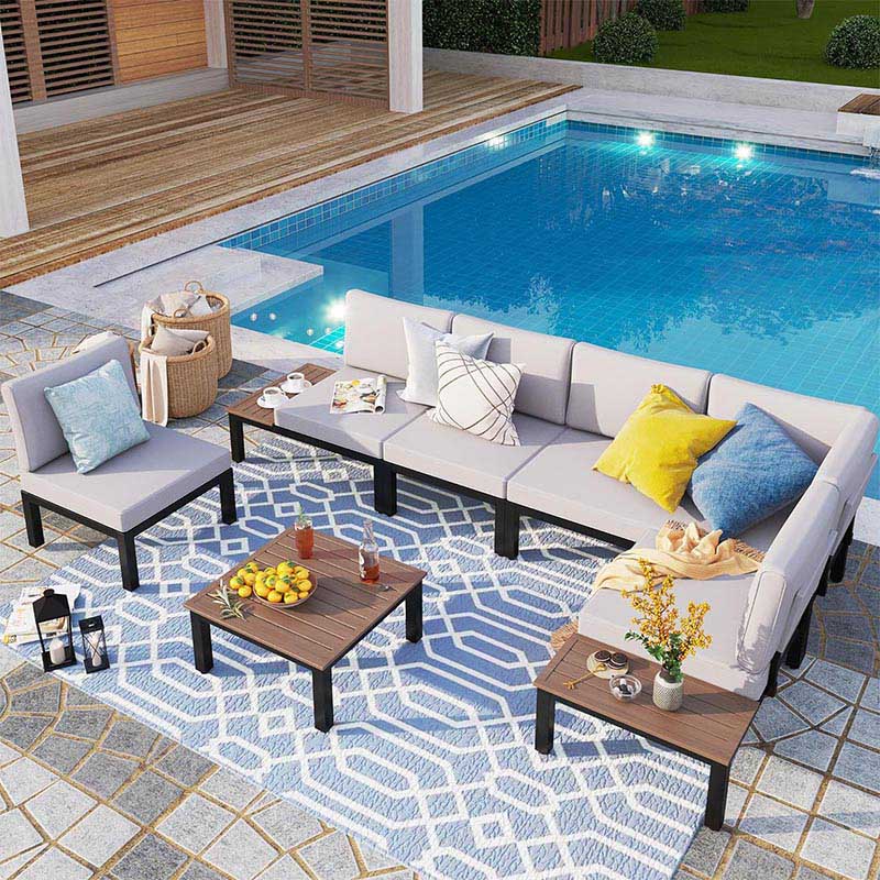 Metal Patio Furniture Set 6 Piece Modular Modern Outdoor Sectional Sofa Garden Bench Set with Wrought Iron Coffee Table