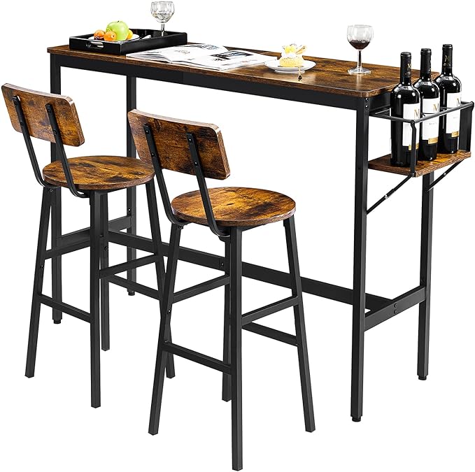 Bar and 2 Chairs Set, Industrial Style 3 Piece Bar Table Set with Foldable Bottle Rack, 2 Bar Stools with Backrest, Suitable for Kitchen, Apartment, Small Space