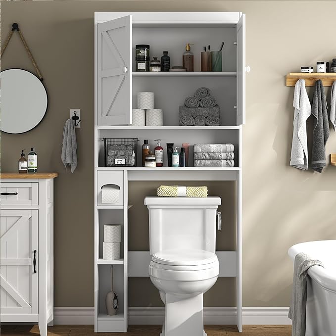 Storage Cabinet With Shelves And Doors, 32.3 Inc Wide Free Standing Toilet Rack Space Saver With Anti-Tip Design And Adjustable Bottom Bar, White