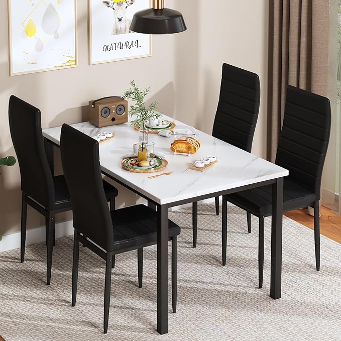 Kitchen Tables Set for 4, Dining Faux Marble Top Table and 4 PU Leather Chairs, 5 Pieces Dining Room Table Set for Small Space, Breakfast Nook and Apartment, Black
