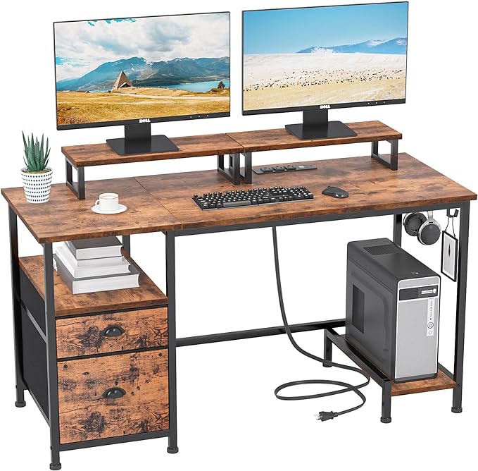 Computer Desk with Drawer and Power Outlet, 47 Inch Desk with 2 Monitor Stands and Fabric File Cabinet, Writing Game Desk with Stand and 2 Hooks for Home Office, Country Brown