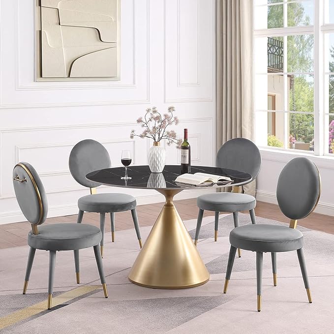 47 Inch Round Dining Table Set, Black Faux Marble Elegance with Gold Cone Pedestal, Set of 4 Upholstered Dining Chairs for Dining Room, Kitchen, Bistro, and Restaurant