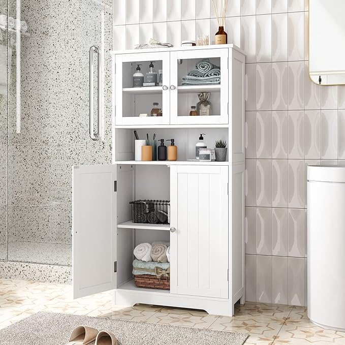Bathroom Cabinet, Freestanding Floor Storage Cabinet with Open Shelves and Doors 23.6 x 11.8 x 50.4 inches, White