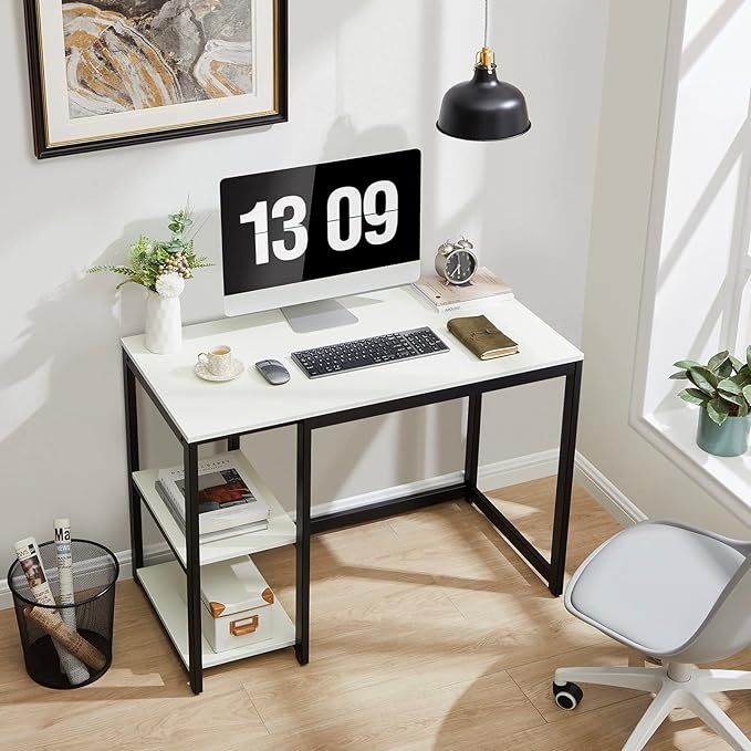 Computer Desk 40 Inch with Double Shelves Sturdy Home Desk Large Storage Space Modern Gaming Desk Study Writing Laptop Desk White Office Desk