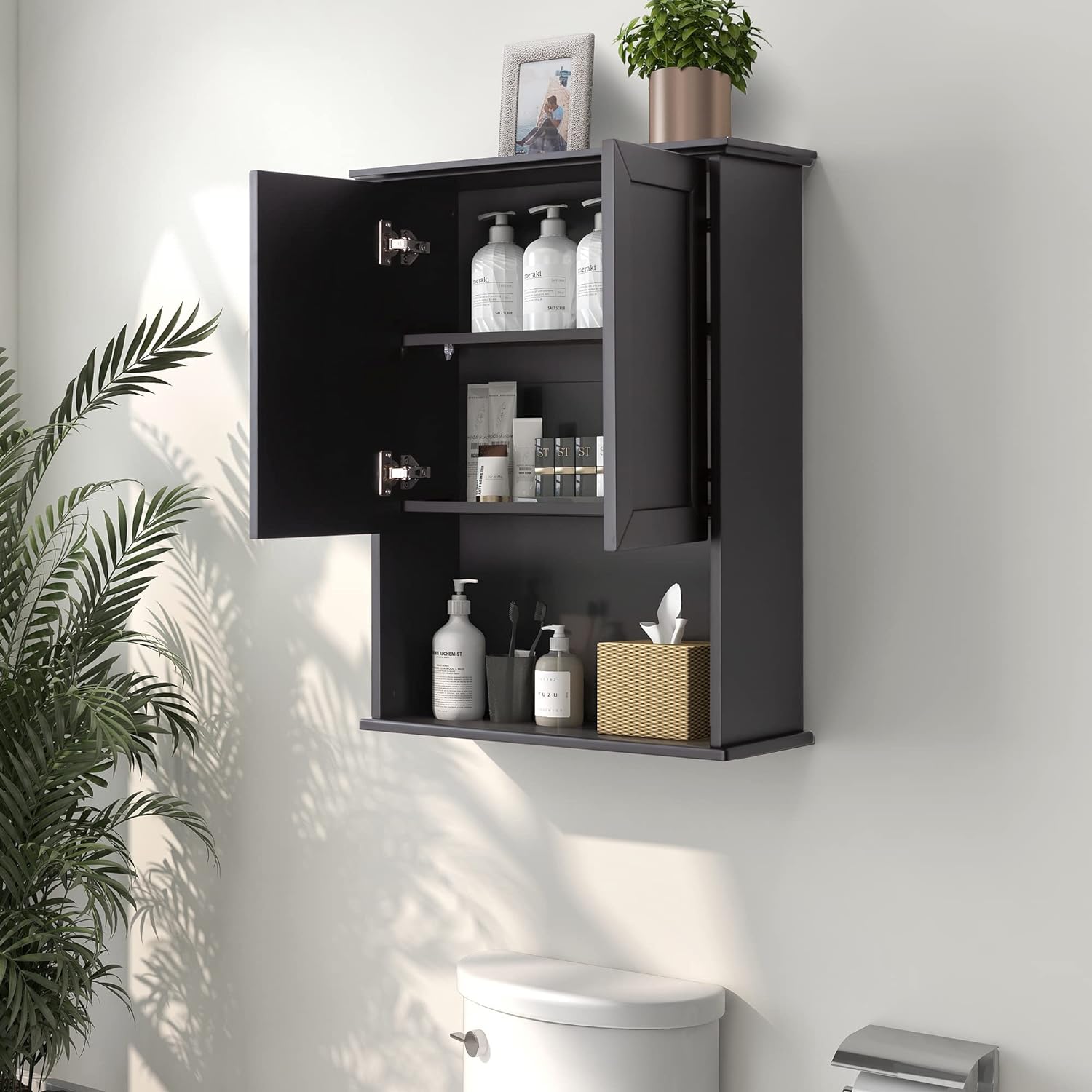 Bathroom Wall Cabinet Black Wall Mounted Wood Medicine Cabinets, Over Toilet Storage Cabinet with 2 Doors